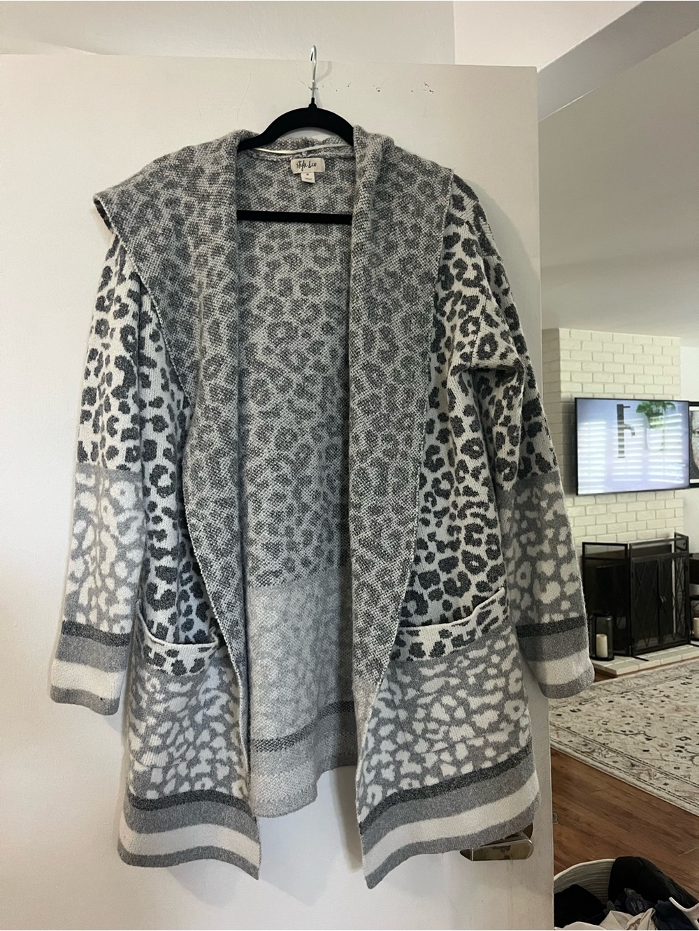 Style & Co. Hooded Open-Front Cardigan Sweater - Gray & White Leopard